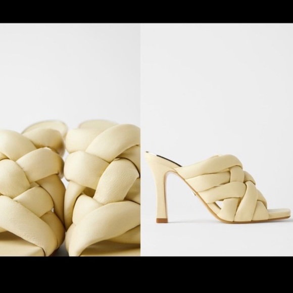 Zara padded woven leather heeled mules, cream yellow 40 square toe - Picture 3 of 8